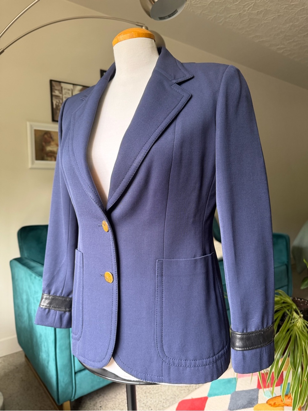 Women’s Navy Blazer Jacket & Skirt set Leather Trim